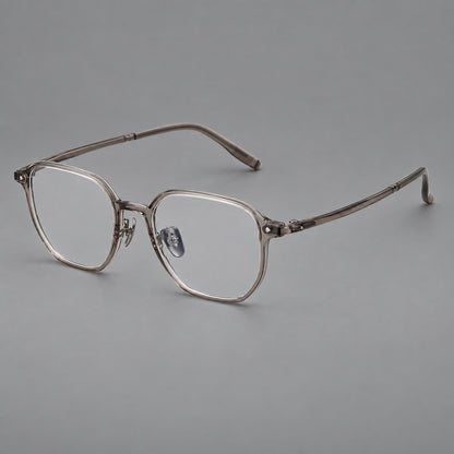 Soft square plastic eyeglasses with rounded lower rims and a broad curved bridge in Grey Brown, three quarter view additional product view