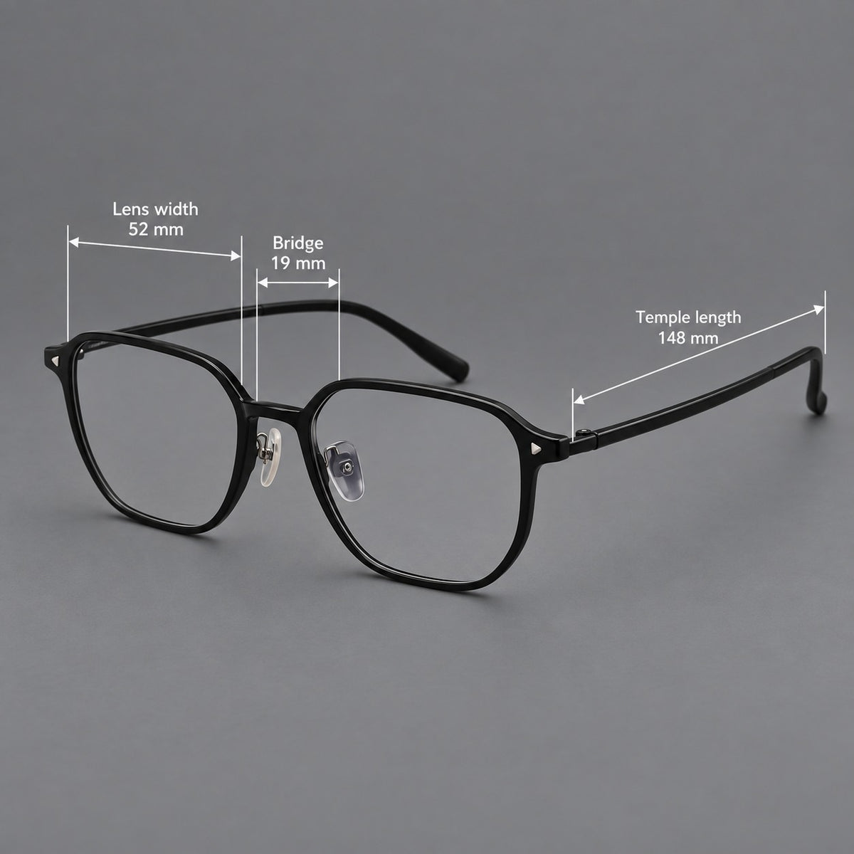 Soft square plastic eyeglasses with rounded lower rims and a broad curved bridge, size guide in millimetres