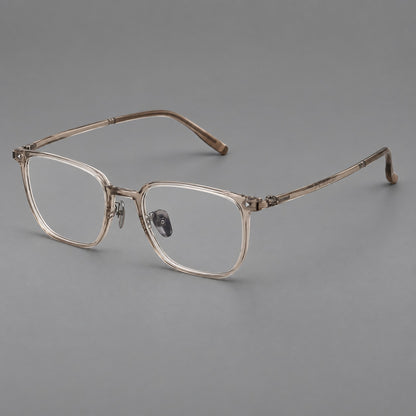 Refined rectangular plastic eyeglasses with raised outer corners and clear nose pads in Tea, three quarter view additional product view
