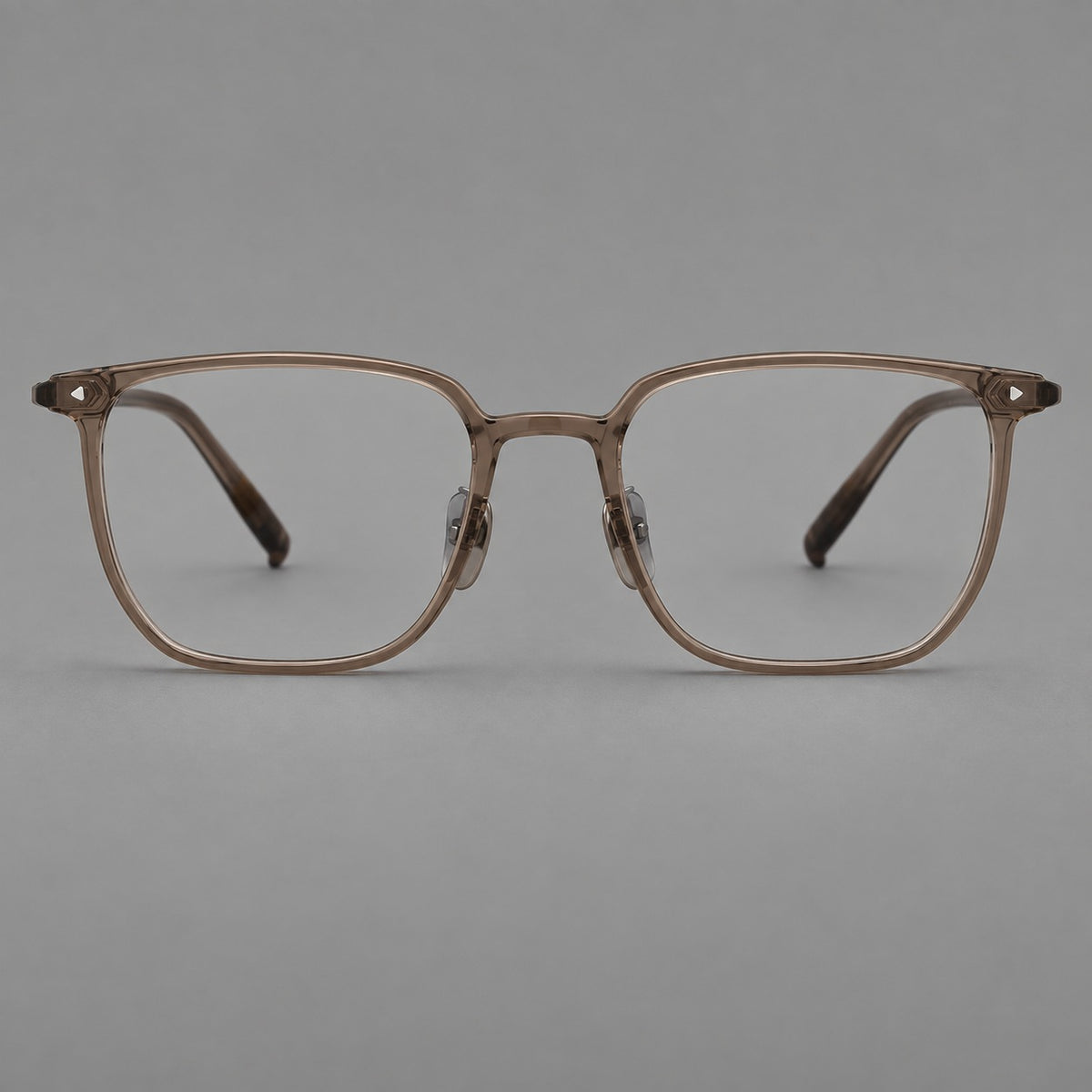 Refined rectangular plastic eyeglasses with raised outer corners and clear nose pads in Brown, front view