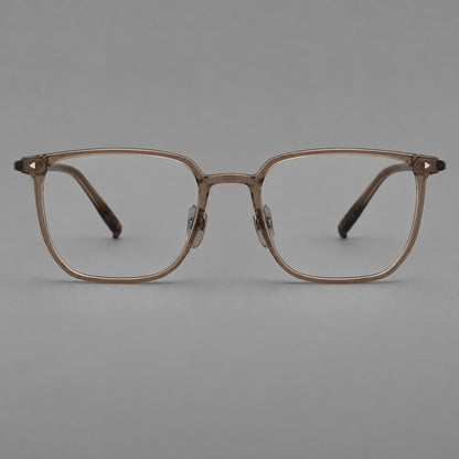 Refined rectangular plastic eyeglasses with raised outer corners and clear nose pads in Brown, front view temple detail
