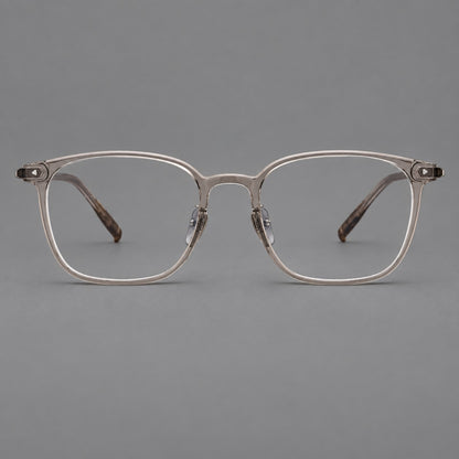 Classic soft square plastic eyeglasses with a gently curved browline and corner studs in Grey Tea, front view additional product view