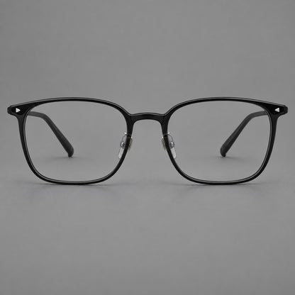 Classic soft square plastic eyeglasses with a gently curved browline and corner studs in Glossy Black, front view side view