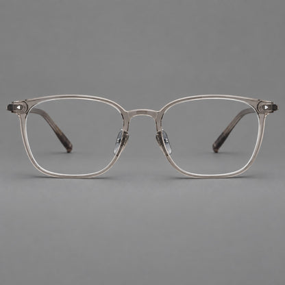 Classic soft square plastic eyeglasses with a gently curved browline and corner studs in Grey Brown, front view temple detail