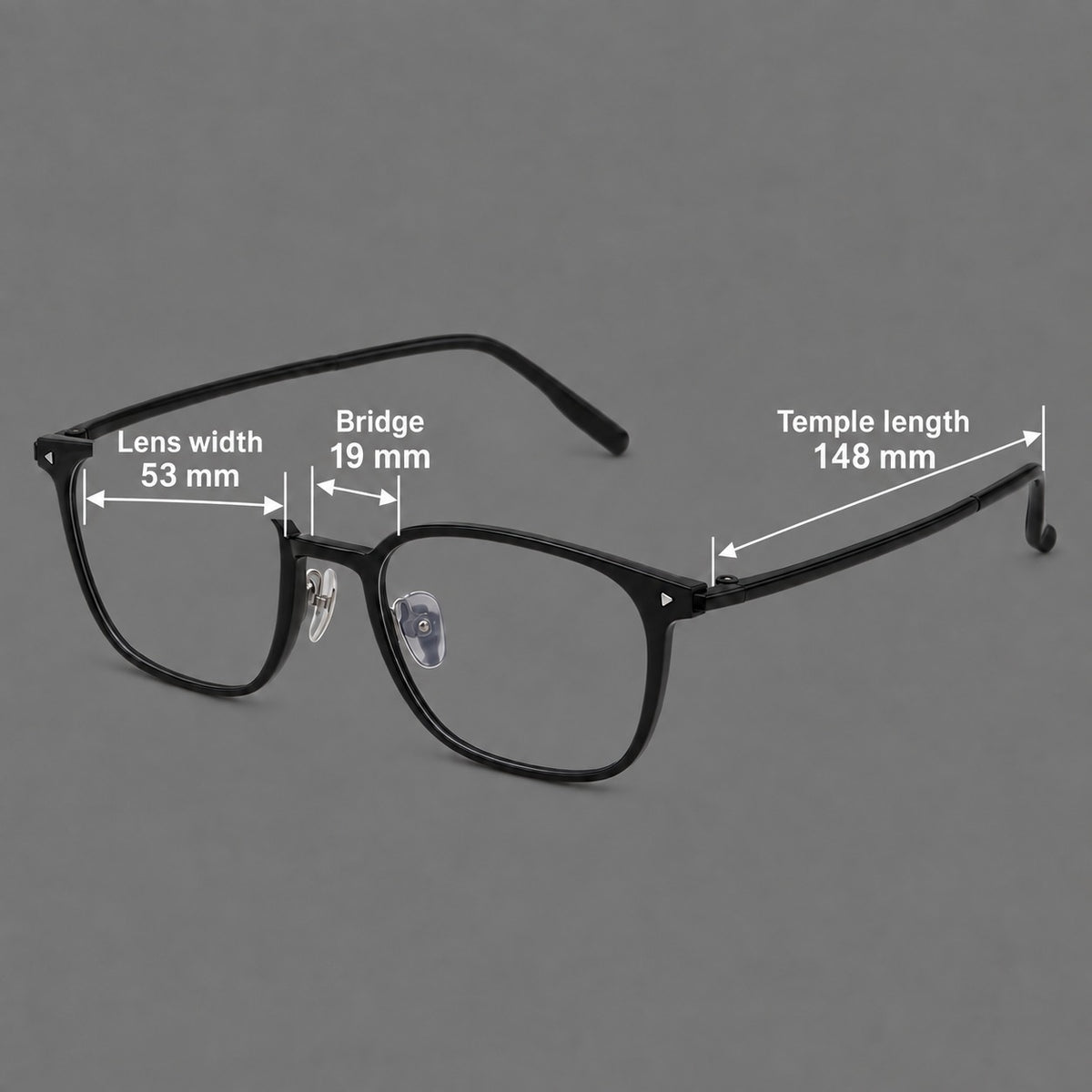 Classic soft square plastic eyeglasses with a gently curved browline and corner studs, size guide in millimetres