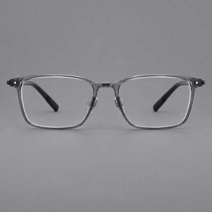 Clean rectangular plastic eyeglasses with flat lower rims and pointed corner details in Ink Grey, front view frame detail