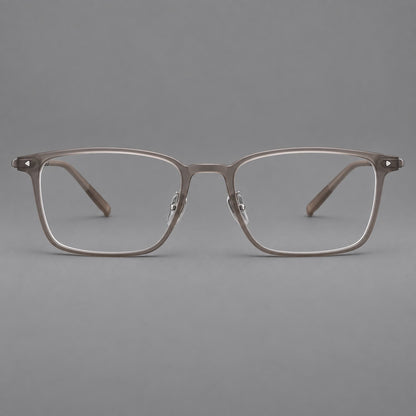 Clean rectangular plastic eyeglasses with flat lower rims and pointed corner details in Matte Tea, front view temple detail