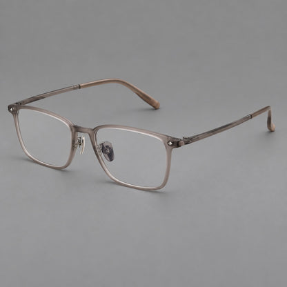 Clean rectangular plastic eyeglasses with flat lower rims and pointed corner details in Matte Tea, three quarter view lens detail