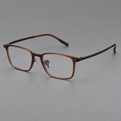 Clean rectangular plastic eyeglasses with flat lower rims and pointed corner details in Tea Brown, three quarter view additional product view
