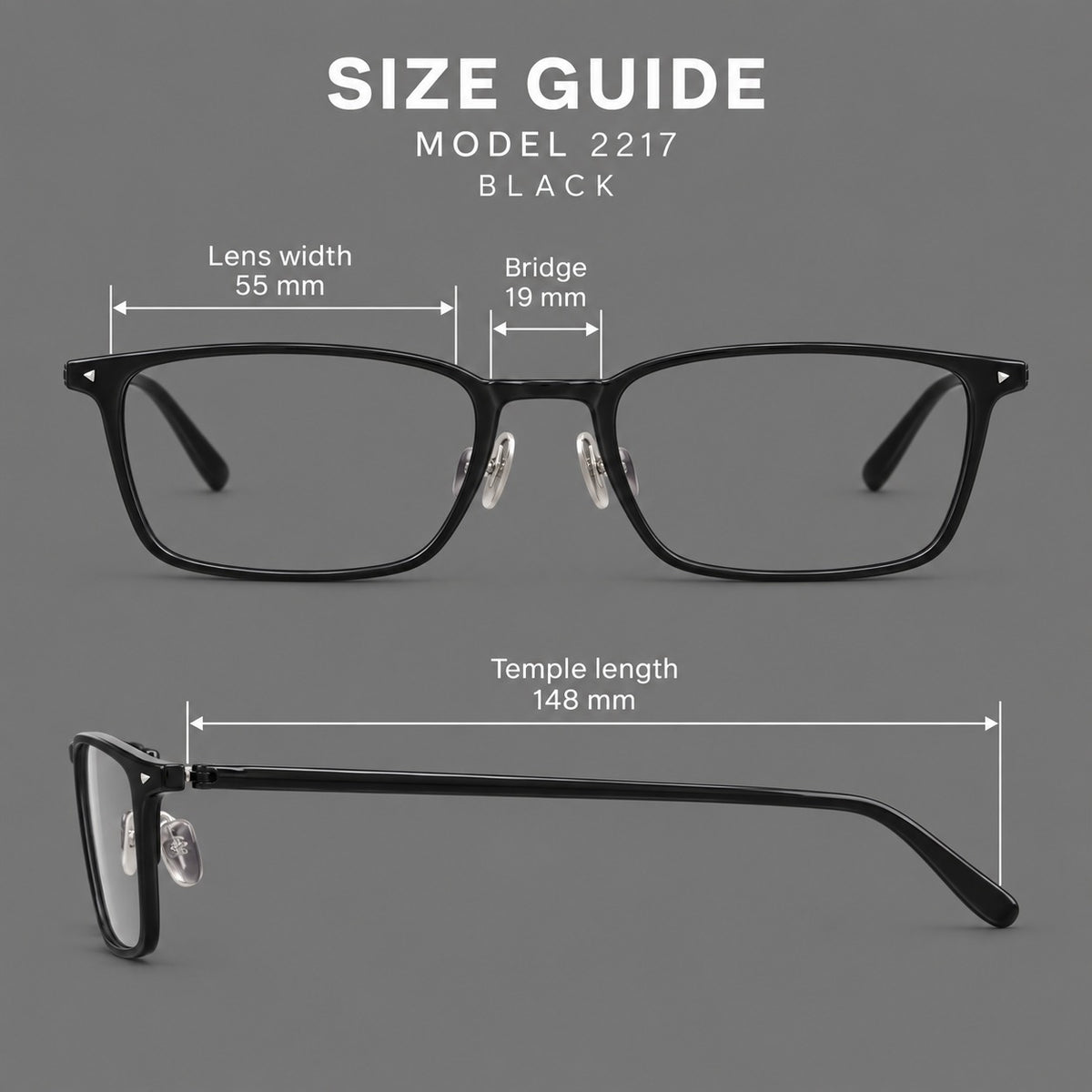 Clean rectangular plastic eyeglasses with flat lower rims and pointed corner details, size guide in millimetres
