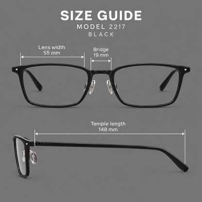 Clean rectangular plastic eyeglasses with flat lower rims and pointed corner details, size guide in millimetres additional product view