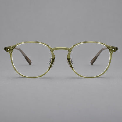Vintage round plastic eyeglasses with a curved bridge and subtle triangular accents in Light Green, front view additional product view