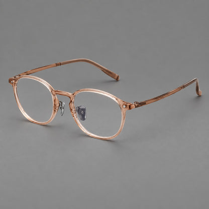 Vintage round plastic eyeglasses with a curved bridge and subtle triangular accents in Tea, three quarter view lens detail