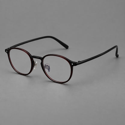 Vintage round plastic eyeglasses with a curved bridge and subtle triangular accents in Deep Wine Red, three quarter view additional product view