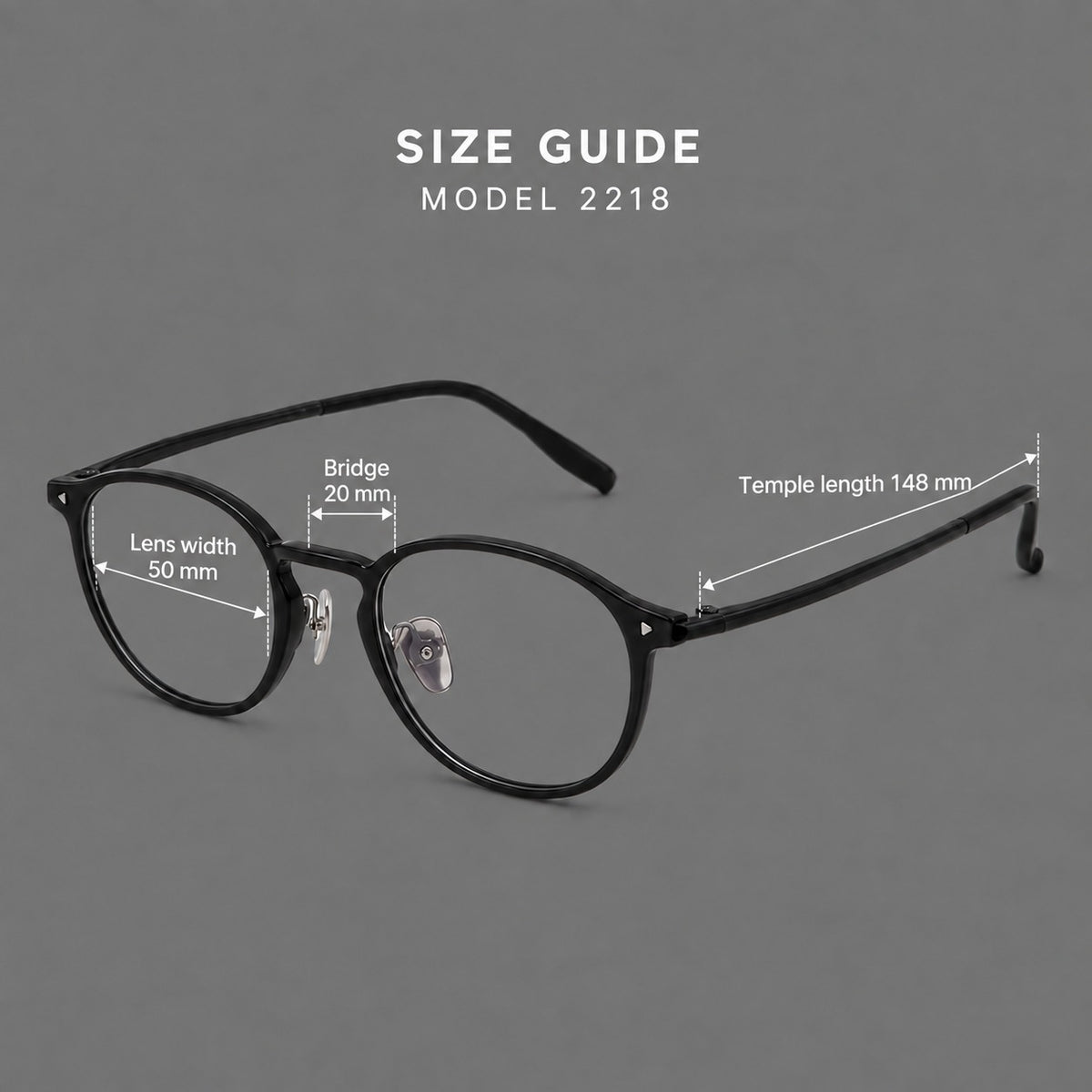 Vintage round plastic eyeglasses with a curved bridge and subtle triangular accents, size guide in millimetres