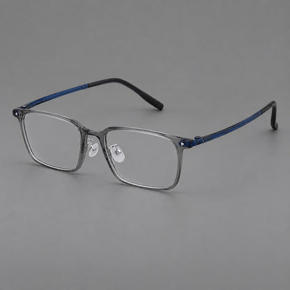 Everyday rectangular plastic eyeglasses with rounded edges and a narrow bridge in Medium Grey, three quarter view front view