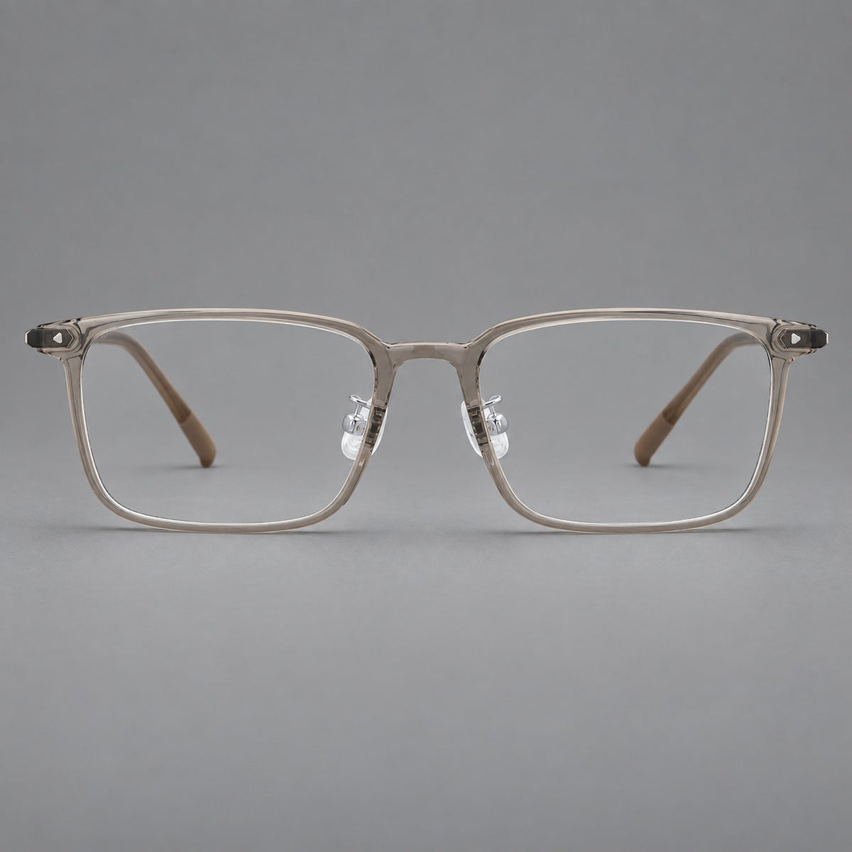 Everyday rectangular plastic eyeglasses with rounded edges and a narrow bridge in Grey Tea, front view