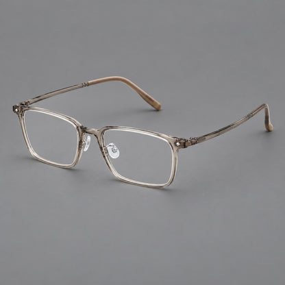 Everyday rectangular plastic eyeglasses with rounded edges and a narrow bridge in Grey Tea, three quarter view additional product view