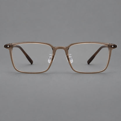 Everyday rectangular plastic eyeglasses with rounded edges and a narrow bridge in Brown, front view temple detail