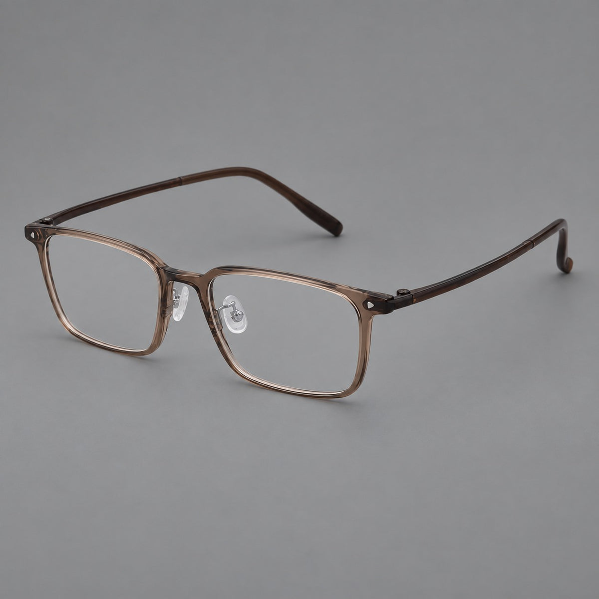 Everyday rectangular plastic eyeglasses with rounded edges and a narrow bridge in Brown, three quarter view