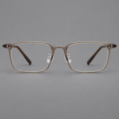 Everyday rectangular plastic eyeglasses with rounded edges and a narrow bridge in Grey Brown, front view additional product view