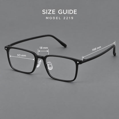 Everyday rectangular plastic eyeglasses with rounded edges and a narrow bridge, size guide in millimetres additional product view