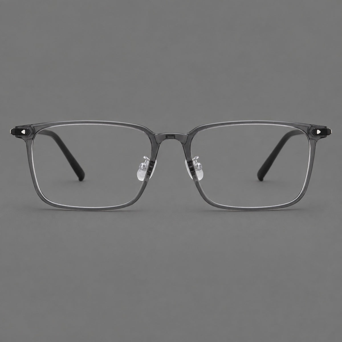 Wide rectangular plastic eyeglasses with an angular browline and slender rims in Medium Grey, front view