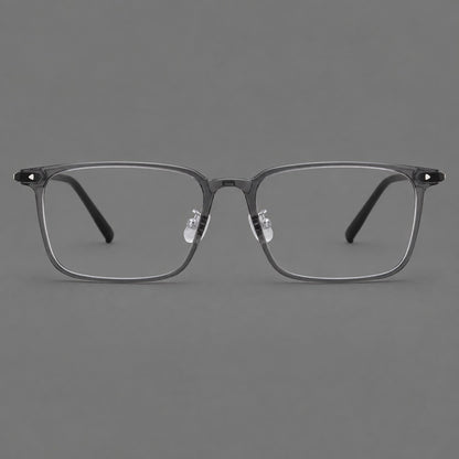 Wide rectangular plastic eyeglasses with an angular browline and slender rims in Medium Grey, front view frame detail