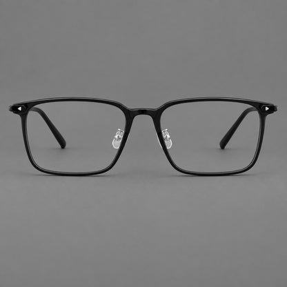 Wide rectangular plastic eyeglasses with an angular browline and slender rims in Glossy Black, front view side view