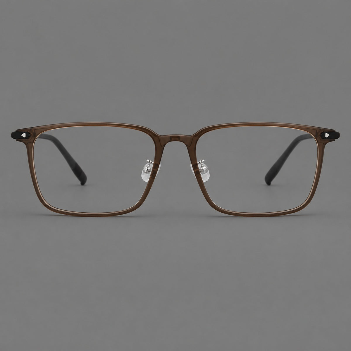 Wide rectangular plastic eyeglasses with an angular browline and slender rims in Tea Brown, front view