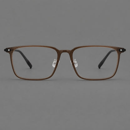Wide rectangular plastic eyeglasses with an angular browline and slender rims in Tea Brown, front view additional product view