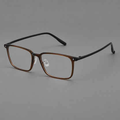 Wide rectangular plastic eyeglasses with an angular browline and slender rims in Tea Brown, three quarter view additional product view