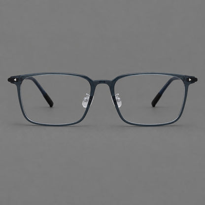 Wide rectangular plastic eyeglasses with an angular browline and slender rims in Blue, front view additional product view