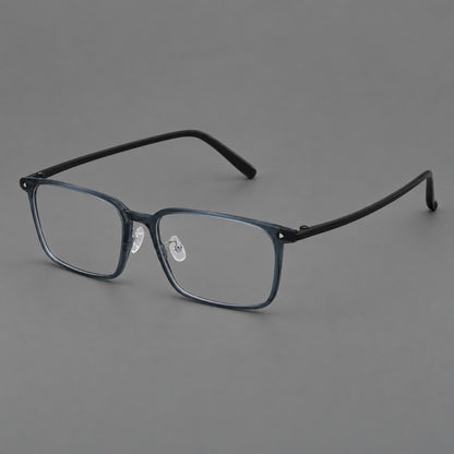 Wide rectangular plastic eyeglasses with an angular browline and slender rims in Blue, three quarter view additional product view