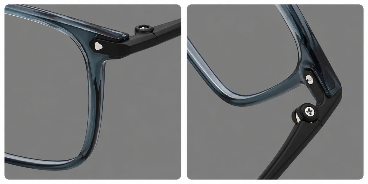 Wide rectangular plastic eyeglasses with an angular browline and slender rims, frame details