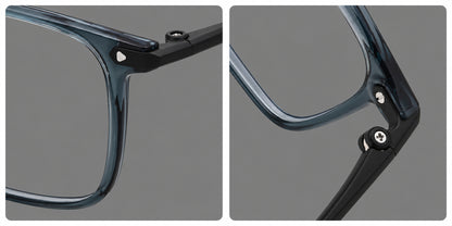 Wide rectangular plastic eyeglasses with an angular browline and slender rims, frame details additional product view