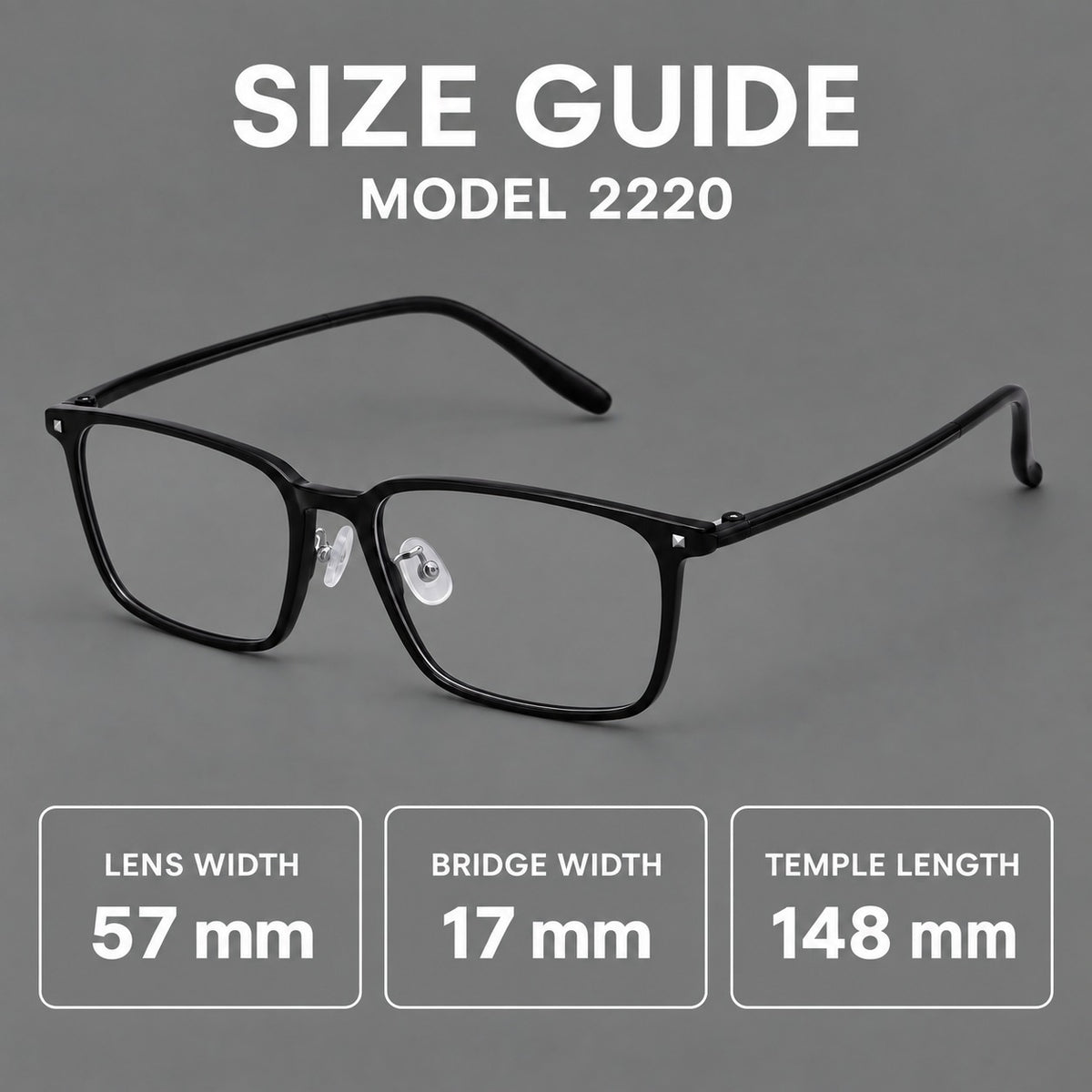 Wide rectangular plastic eyeglasses with an angular browline and slender rims, size guide in millimetres