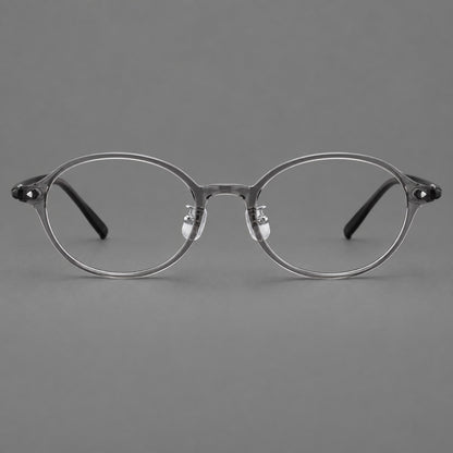 Retro round plastic eyeglasses with softly lifted corners and a sculpted bridge in Grey, front view frame detail