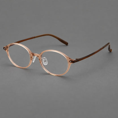 Retro round plastic eyeglasses with softly lifted corners and a sculpted bridge in Tea, three quarter view additional product view
