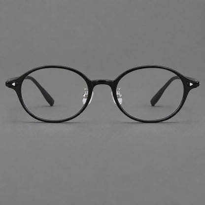 Retro round plastic eyeglasses with softly lifted corners and a sculpted bridge in Glossy Black, front view side view