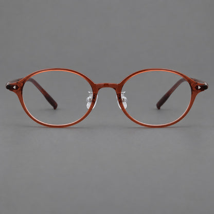 Retro round plastic eyeglasses with softly lifted corners and a sculpted bridge in Brown Red, front view temple detail