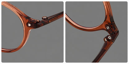 Retro round plastic eyeglasses with softly lifted corners and a sculpted bridge, frame details additional product view