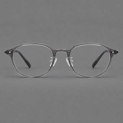 Panto plastic eyeglasses with a rounded silhouette and triangular corner studs in Grey, front view frame detail