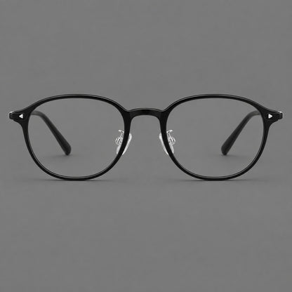 Panto plastic eyeglasses with a rounded silhouette and triangular corner studs in Glossy Black, front view side view