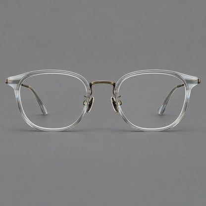 Retro soft square eyeglasses in acetate and titanium with a curved bridge and slender temples in Ice Grey Tortoiseshell / Antique Gold, front view frame detail