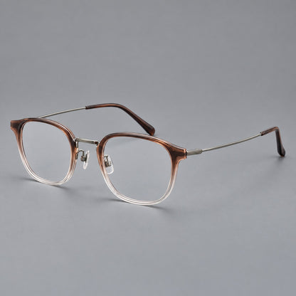 Retro soft square eyeglasses in acetate and titanium with a curved bridge and slender temples in Brown Gradient / Light Gunmetal, three quarter view lens detail