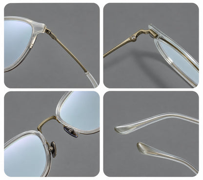 Retro soft square eyeglasses in acetate and titanium with a curved bridge and slender temples, frame details additional product view