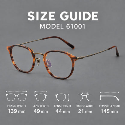 Retro soft square eyeglasses in acetate and titanium with a curved bridge and slender temples, size guide in millimetres additional product view