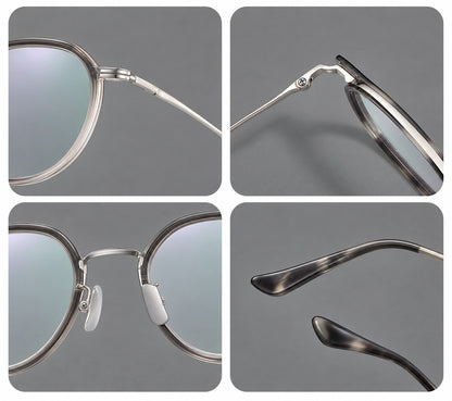 Rounded eyeglasses in acetate and titanium with gently arched brows and engraved metal temples, frame details additional product view