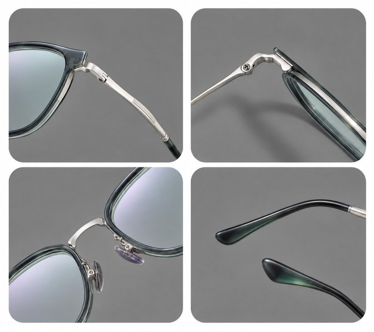 Upswept eyeglasses in acetate and titanium with softly rounded rims and tapered metal temples, frame details